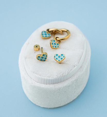 Earrings Hoop Charm - Checkered Blue Heart