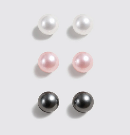 Set of 3 Stud Earrings with White, Pink & Black Pearls