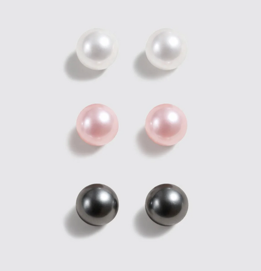 Set of 3 Stud Earrings with White, Pink & Black Pearls