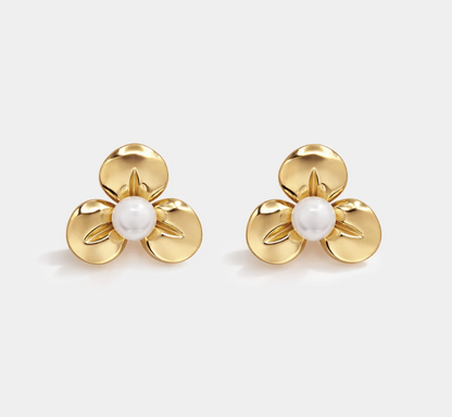 Golden Flower Earrings with Pearl