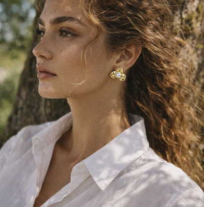 Golden Flower Earrings with Pearl
