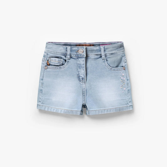 Light blue denim shorts with floral embroidery