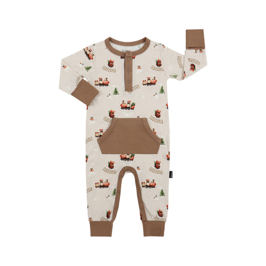 Long Sleeve Pocket Romper - Christmas Train (Hazel Trim)